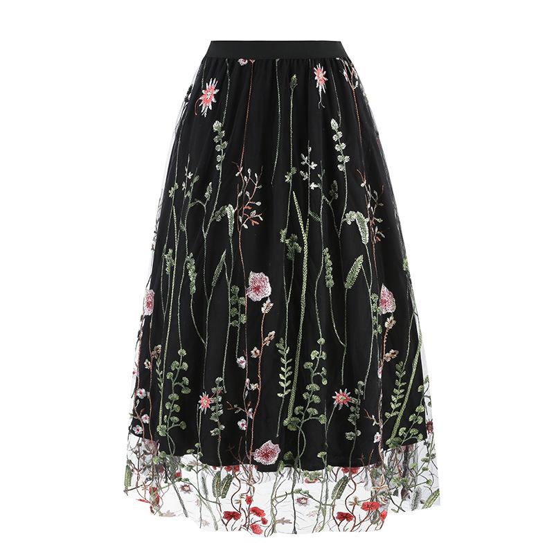 Vintage Mesh Flower Embroidered Skirt Elegant Sweet A-line Skirt for Spring Summer