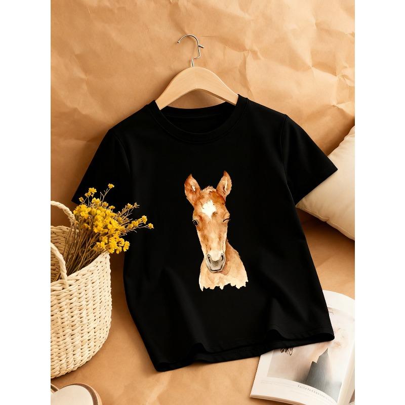 

European sizes Cute Donkey Print Girls Round Neck T-Shirt, Casual Soft and Adorable Daily Top, Premium Choice for Animal Lovers 98cm