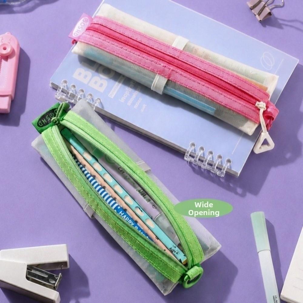 Elastic Strap Zipper Pencil Case Mesh Fabric Stationery Organizer Mesh Pen Pouch School Supplies