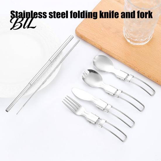 Corrosion Resistant Utensils Stainless Steel Folding Spoon Fork Cutter Straw Brush Foldable Flatware Outdoor Camping Picnic Hiking Collapsible Cutlery