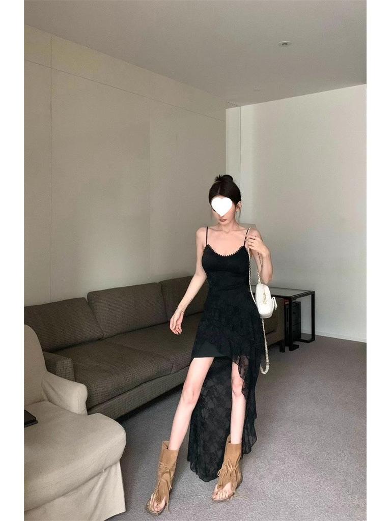 Elegant Women's Lace Ruffle Camisole Dress with Irregular Skirt and Slimming Waist-A-Line Design