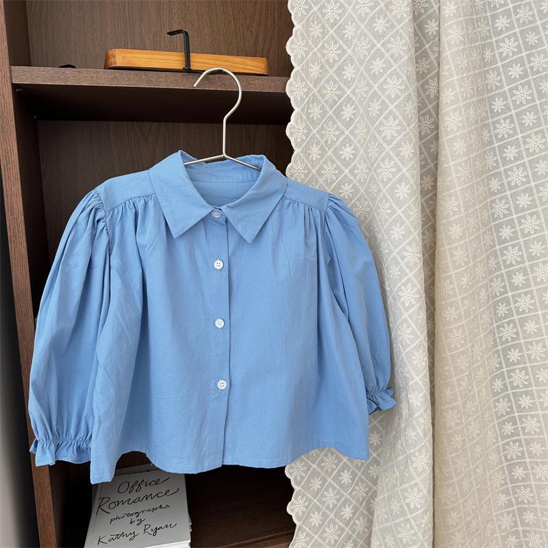 

Xi Fan Kids Puff Sleeve Blouse - Korean Style Turn-Down Collar, Solid Color, College-Inspired for Girls 80 cm