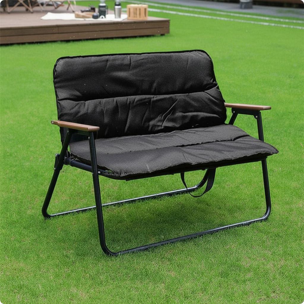 Portable Double Camping Chair Comfortable Wide Seat Folding Camp Chair With Wooden Armrests Lightweight Outdoor Armchair