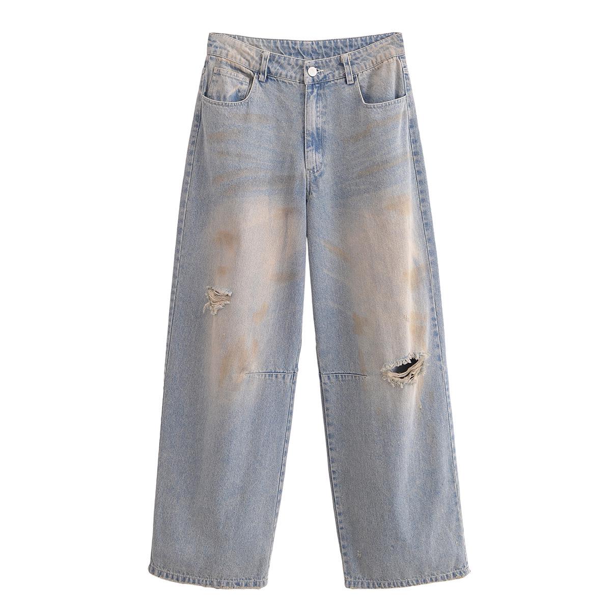 

Весна 2025 Женская европейская и американская мода: Простые рваные джинсы в стиле пустоши L