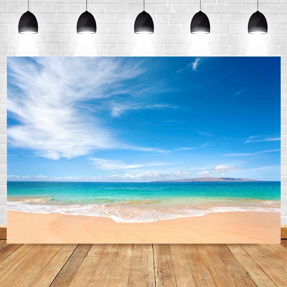 Background Photo with Beach Waves and Sunset, Summer Vacation, Ocean, Beach, Blue Sky, White Cloud, Sand, Photo Shoot