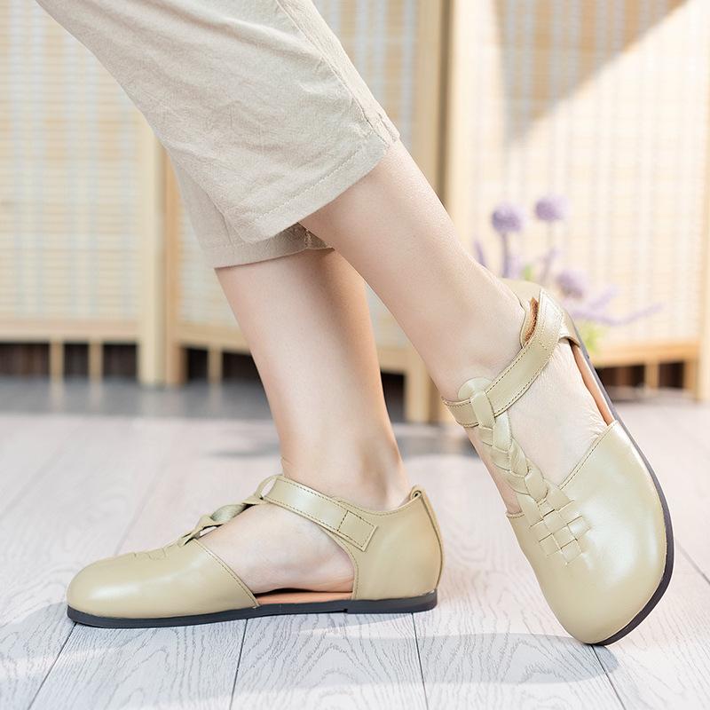 

Первый слой коровьей кожи удобный и повседневный, летняя обувь ретро на мягкой подошве, сандалии на плоской подошве с мелким вырезом, женские 35