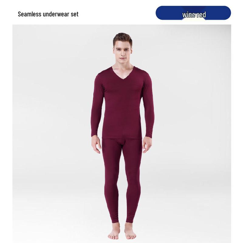 Men's Slim Fit Seamless Fleece-lined Thermal Underwear Set for Autumn