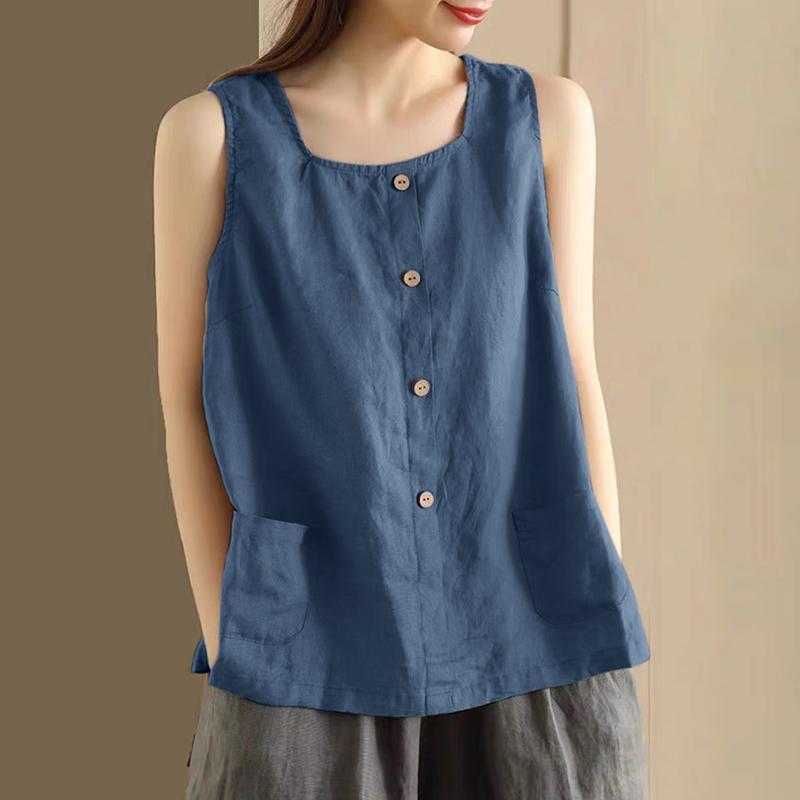 

ZANZEA Женские повседневные летние майки без рукавов с квадратным воротником 2XL синий