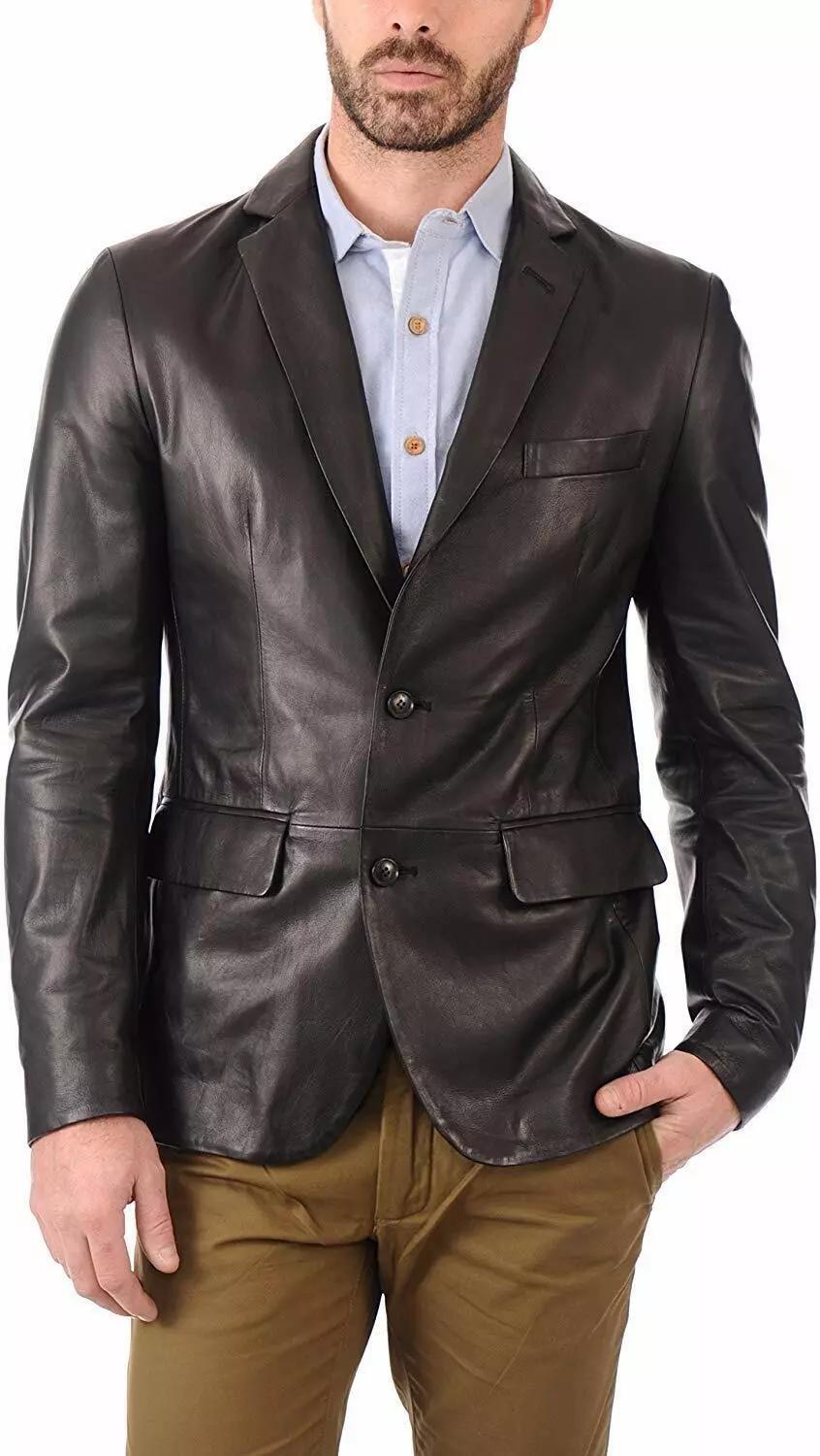 

Стильный деловой черный пиджак ручной работы из овчины, 100% мужская кожа 3XL чёрный