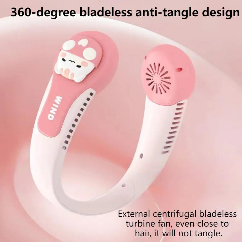 Neck Fan Cartoon Long Endurance Bladeless Neck Fan USB Rechargeable No Hair Twisting 3-Speed Strong Wind Fan for Kids & Adults