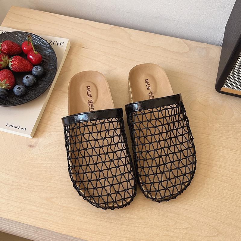 

Нишевые плетеные сандалии-сетка с полым верхом, женские летние новые сандалии-рыбацкие на плоской подошве с круглым носком и закрытой пяткой, полушлепанцы 35 чёрный