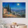 2D Christmas Trough Scene Tapestry - Shepherd, Starry Sky, and Rural Town Background