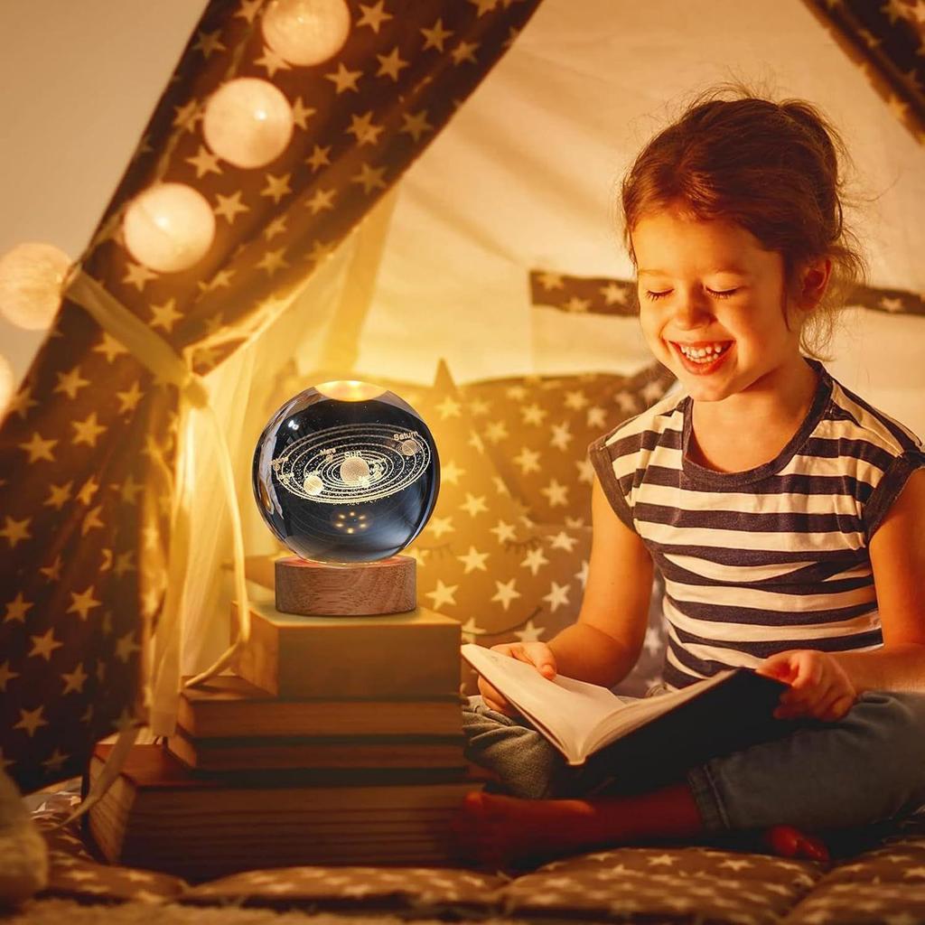 Galaxy Crystal Ball LED Night Lamp, Creative Engraved Night Light Wooden Base, Warm White Decorative Table Lamp for Home, Office, Bedroom