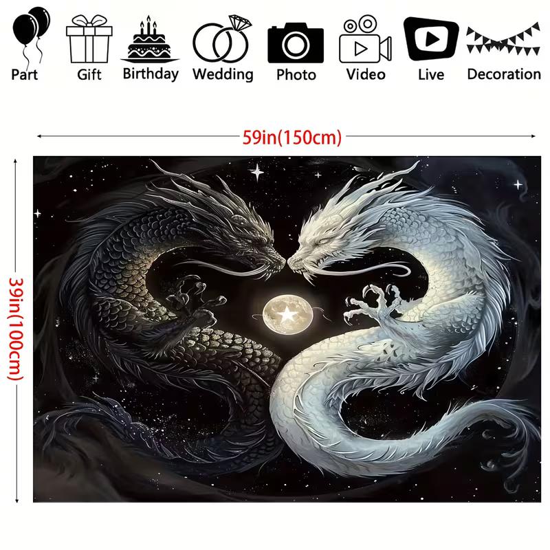 2D Flat Printing Yin Yang Dragon Tapestry, Starry Sky Dragon Art Backdrop for Bedroom