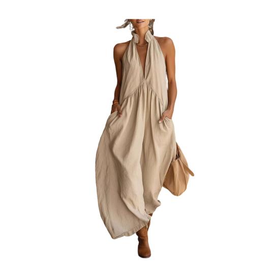 Maxikleid für Damen Lässig Locker V-Ausschnitt Ärmellos Boho Langkleid Strandurlaub Fließendes Sommerkleid mit Taschen