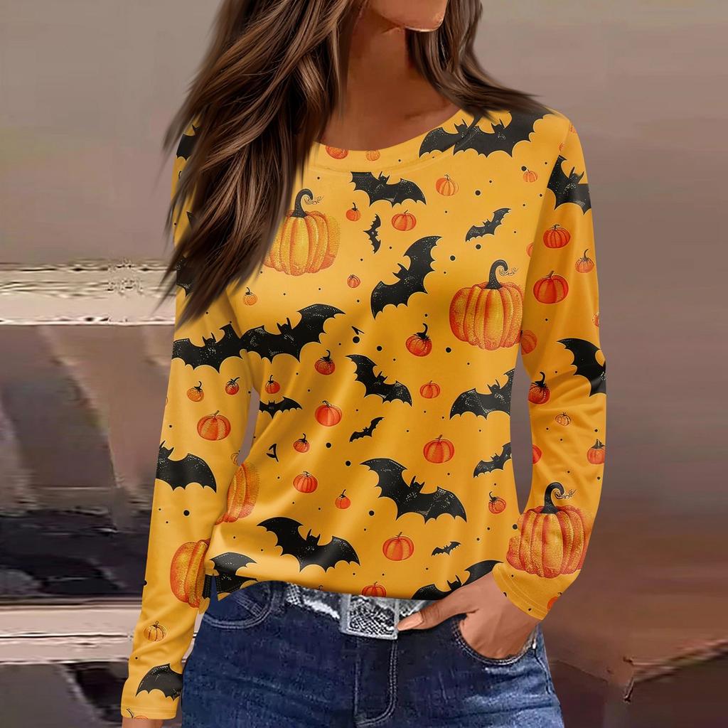 Women's Fashion Casual Slit Hem Round Neck Long Sleeve Loose Halloween Printed T-Shirt Ladies Top