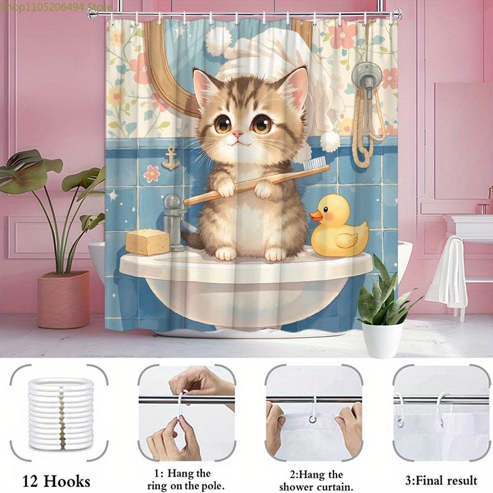1pc Tabby Kitten Bathroom Shower Curtain Fluffy Towel Sink Wooden Toothbrush Duck Nautical Theme Bathroom Decoration Home Deco