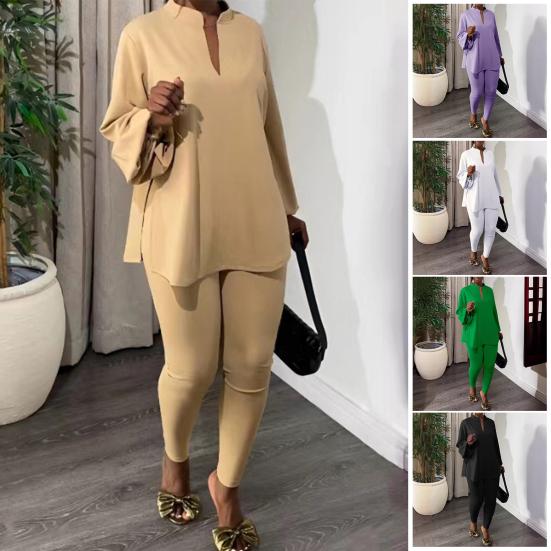 2 Pcs/Set Women Top Pants Set Stand Collar Long Sleeve Loose Split