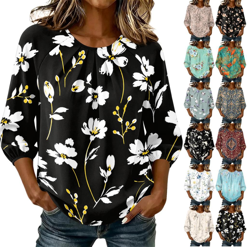 Women's Floral Print 3/4 Sleeve Round Neck Pleated T-Shirt Top Casual Lightweight Blouse with Elastic Cuffs and Relaxed Fit for Everyday Wear