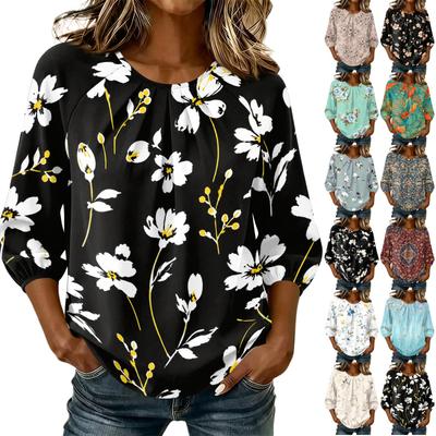 Women's Floral Print 3/4 Sleeve Round Neck T-Shirt with Pleated , Casual Summer Top for Daily Wear
