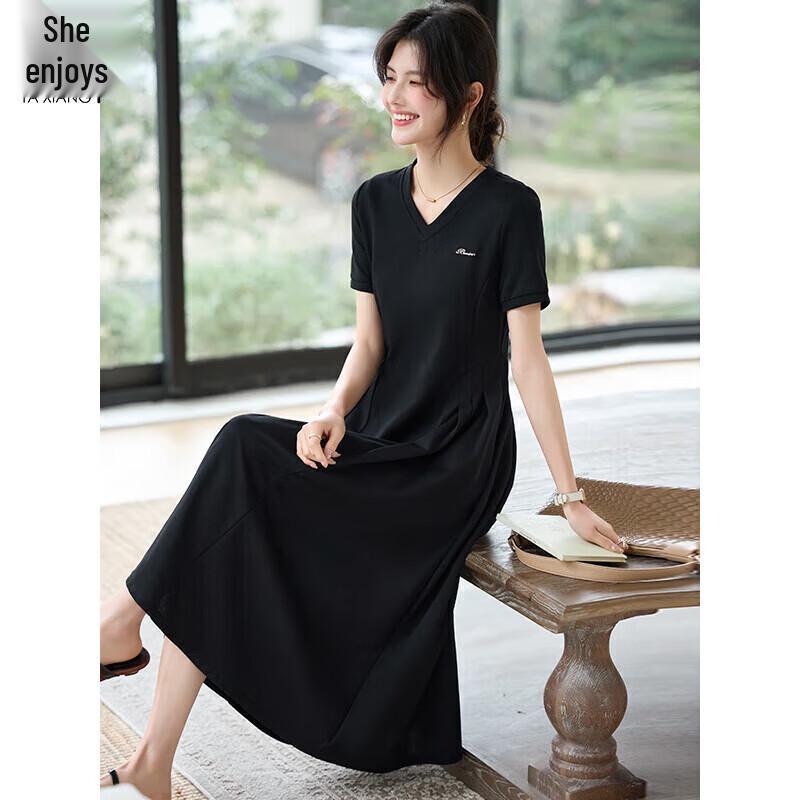French Style V-Neck Pleated Short-Sleeve Black Midi Dress