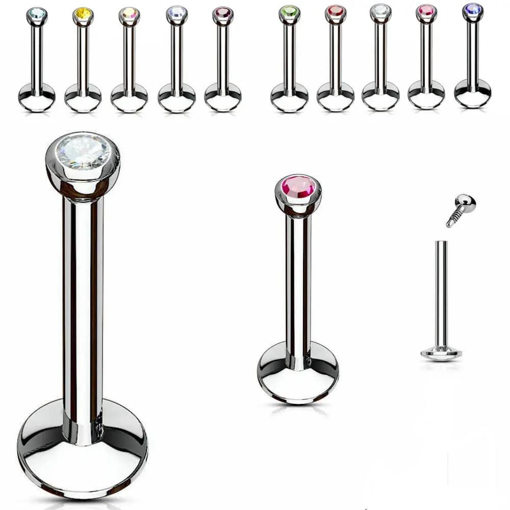 2X 2mm Multicolour Crystal Internal Thread Labret 6mm - 12mm Steel Ring Bar Ear Tragus Monroe Lip Stud Piercing
