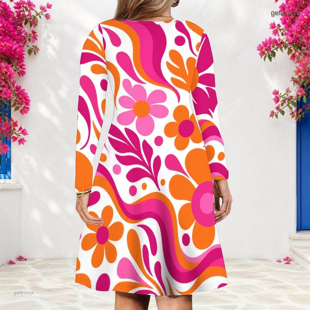 Women Plus Size V Neck Long Sleeve Floral Printed White A Line Dress