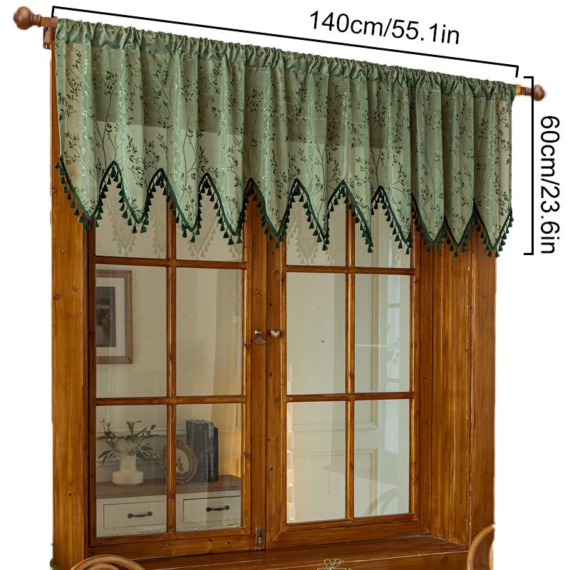 

1 шт. Богемный кисточный ламбрекен Короткая занавеска с кулиской Кисточка Кантри Полузанавеска Волнообразное кружево и жаккард 140*60 темно-зеленого
