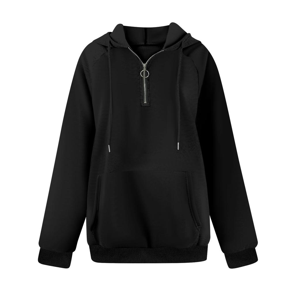 Dame Casual Mote Langermet Ensfarget Glidelås Hettegenser Topp Med Lomme