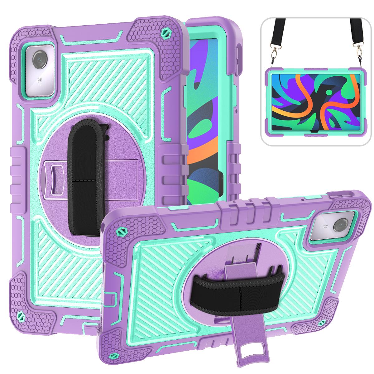 

For Lenovo Tab M11/Xiaoxin Pad 11 2024 Case Silicone+PC Kickstand Tablet Cover with Shoulder Strap Purple+Cyan Green