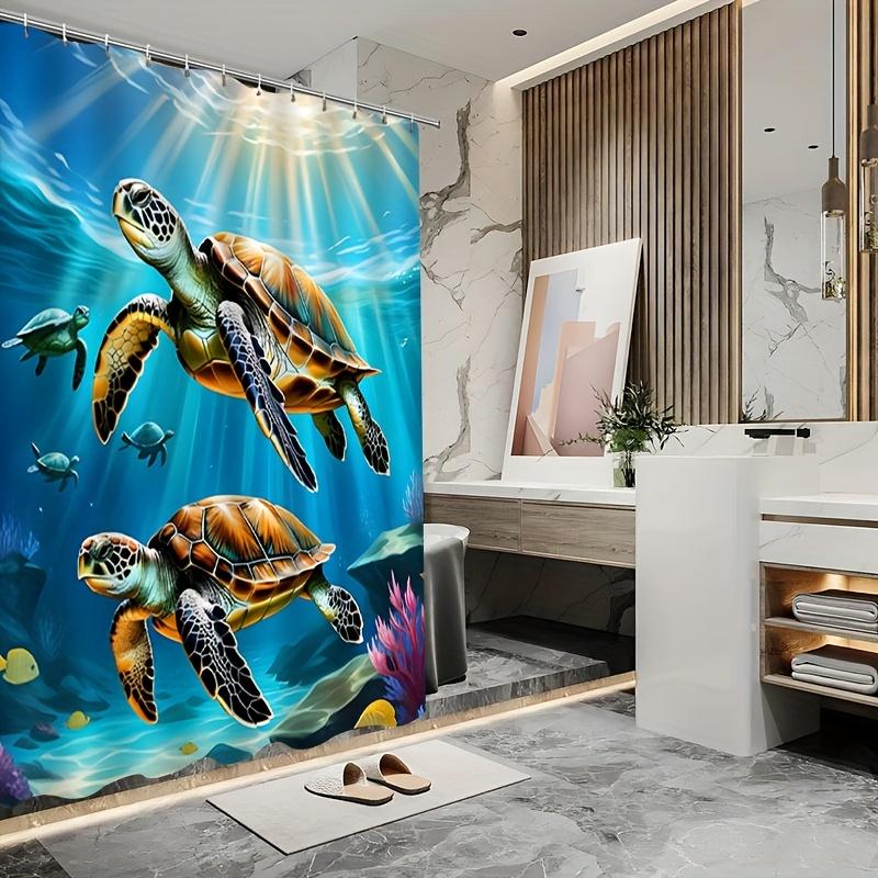 Sea Turtle Shower Curtain Underwater Ocean Life Art Tropical Decor Waterproof Fabric Bath Curtain Set Home Decoration