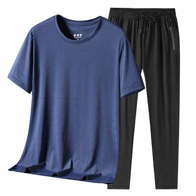 Zweiteiliges Herren-Set aus Eisseide, glatt, elastisch, kurzärmlig, Rundhalsausschnitt, lässiges Sport-Set