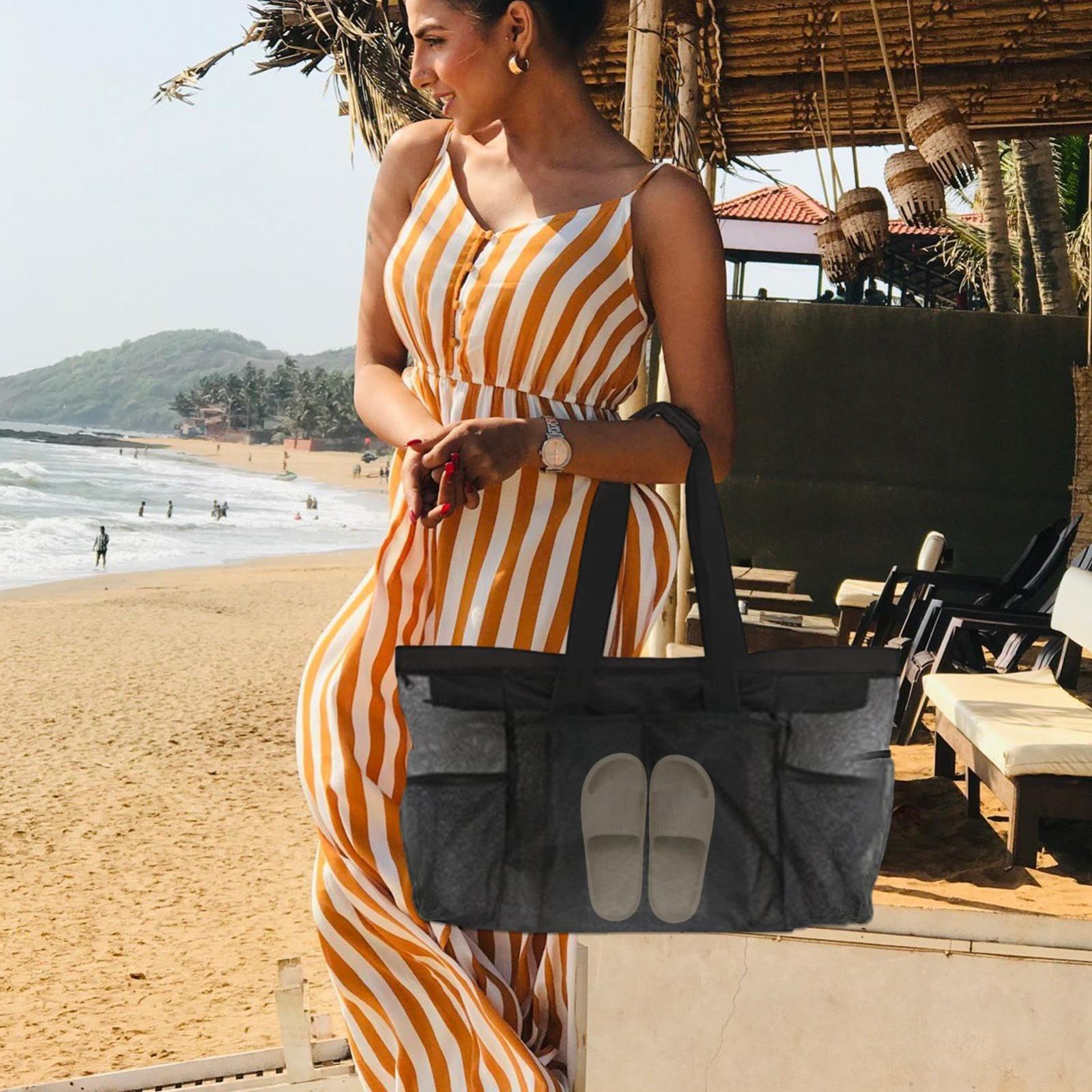 

Large Capacity Mesh Beach Tote Bag Multiple Pockets Durable Lightweight Carrying Handles Spacious Storage Organizer for Outdoor Use One Size чёрный
