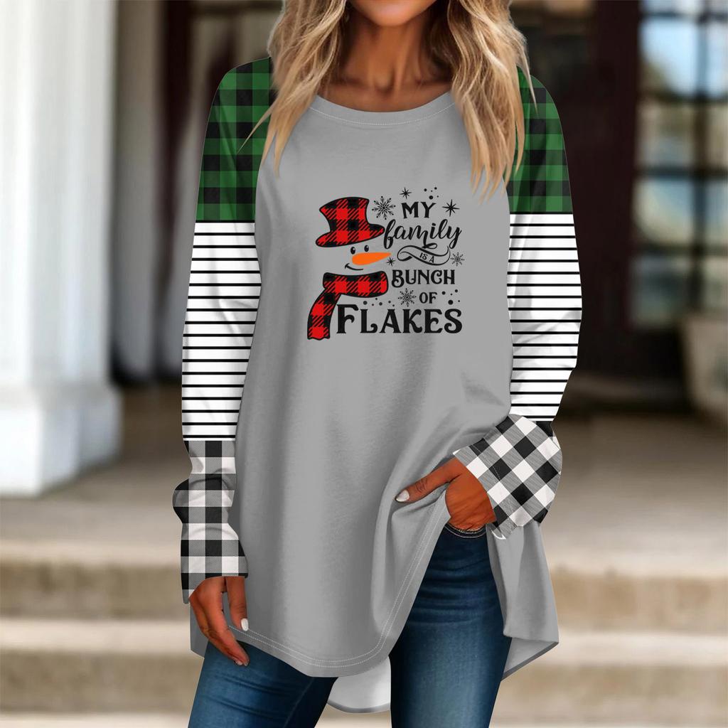 Fashionable Women's Loose Round Neck Christmas Small Print Long-sleeved T-shirt Top Pullover