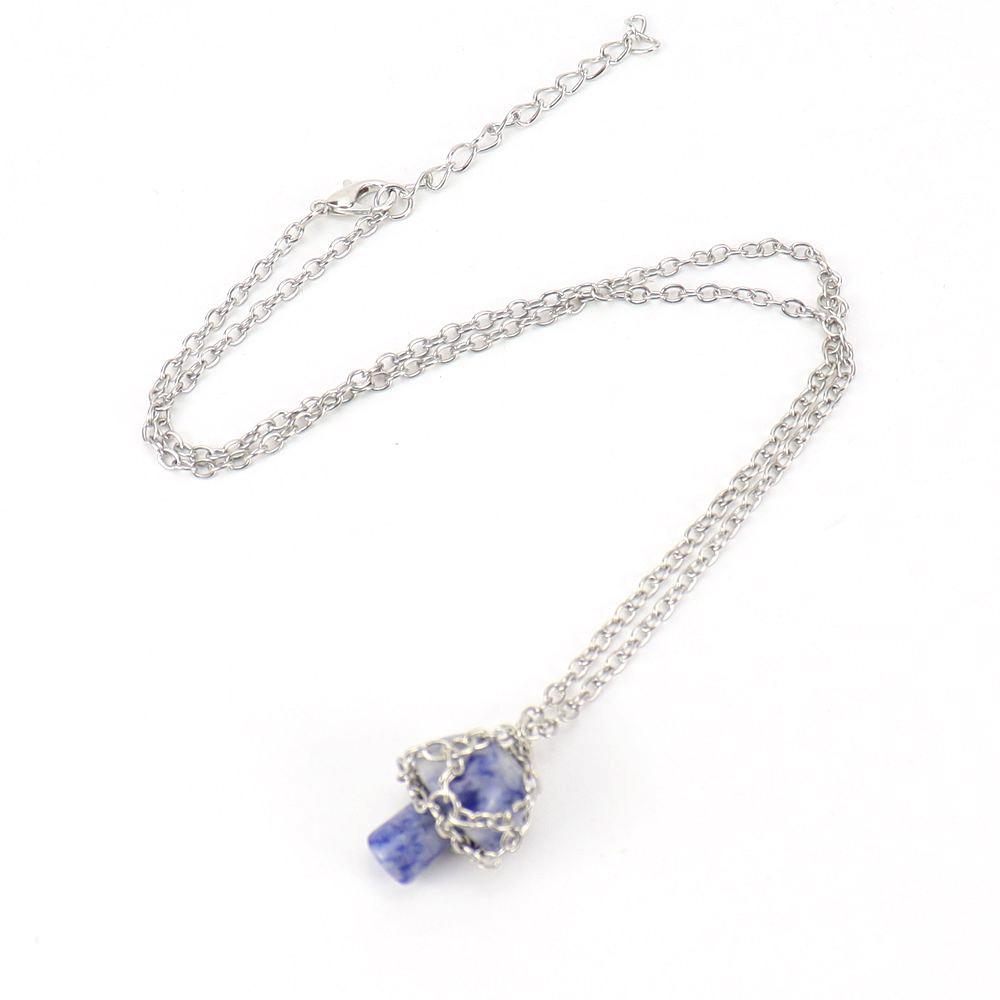 Handmade Silver Mesh Pocket Crystal Tiger Stone Agate Small Mushroom Pendant Necklace Jewelry N697