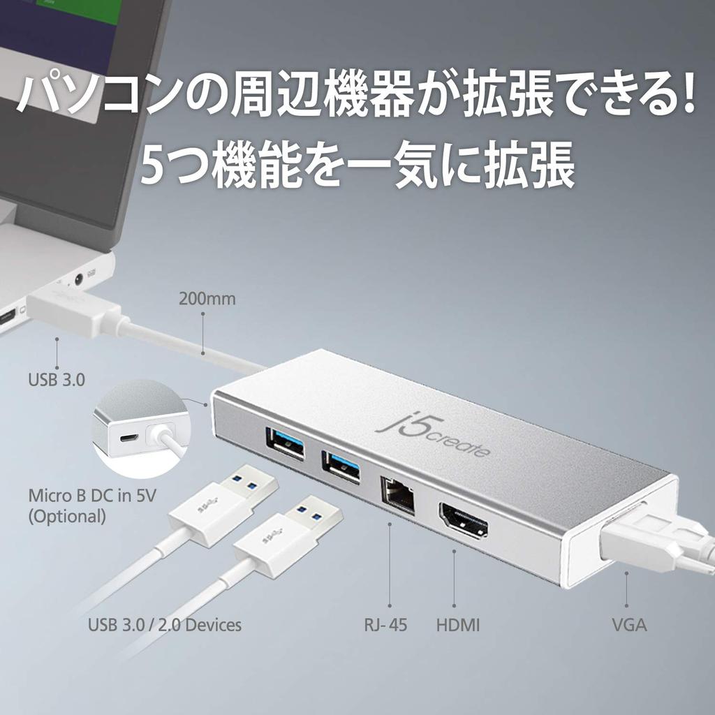 j5create USB 5in1 Dual Monitor Mini Dock Gigabit Wired power Maximum QWXGA x 1080P 60Hz compatible compatible 3.0 [USB3.1 Type-Ax2, HDMI, VGA, LAN,