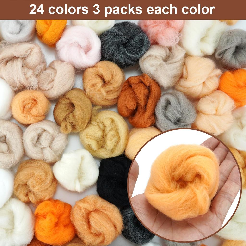 Wool Felt, Wool Fiber, 3g, Beginner's Trial Set, 24 Colors, 72 Packs