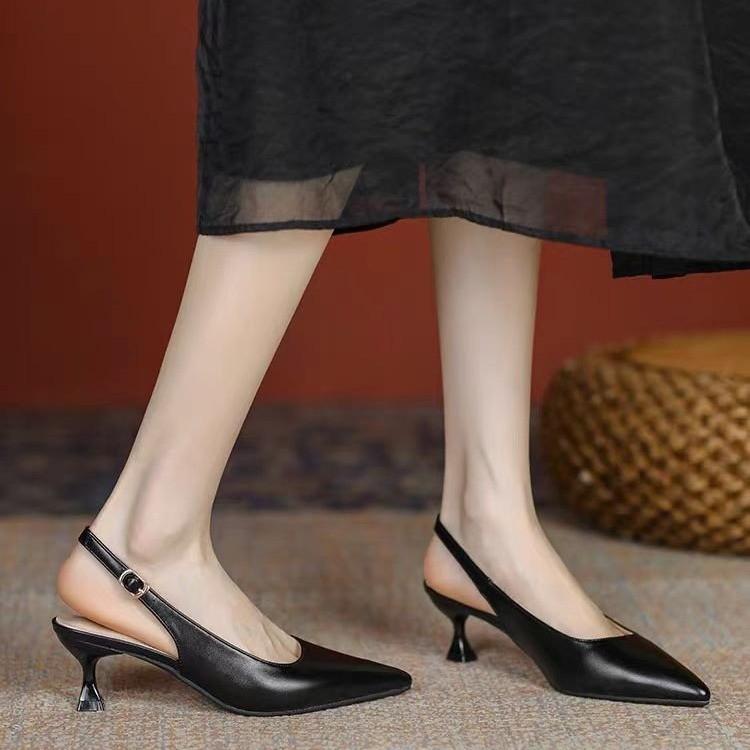 

Sexy Pointed Toe Women Sandals Solid Color Baotou Buckle Strap Low Heeled Shoes Elegant Daily Versatile Ladies Sandalias 35 чёрный