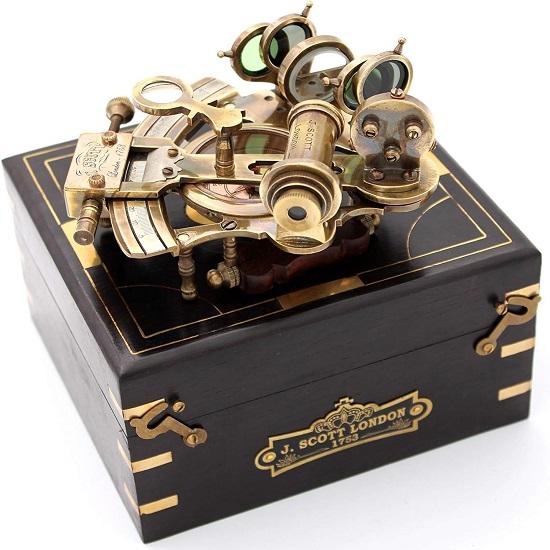 

Handmade Astrolabe Brass Sextant inbuild Compass with Hardwood Box.