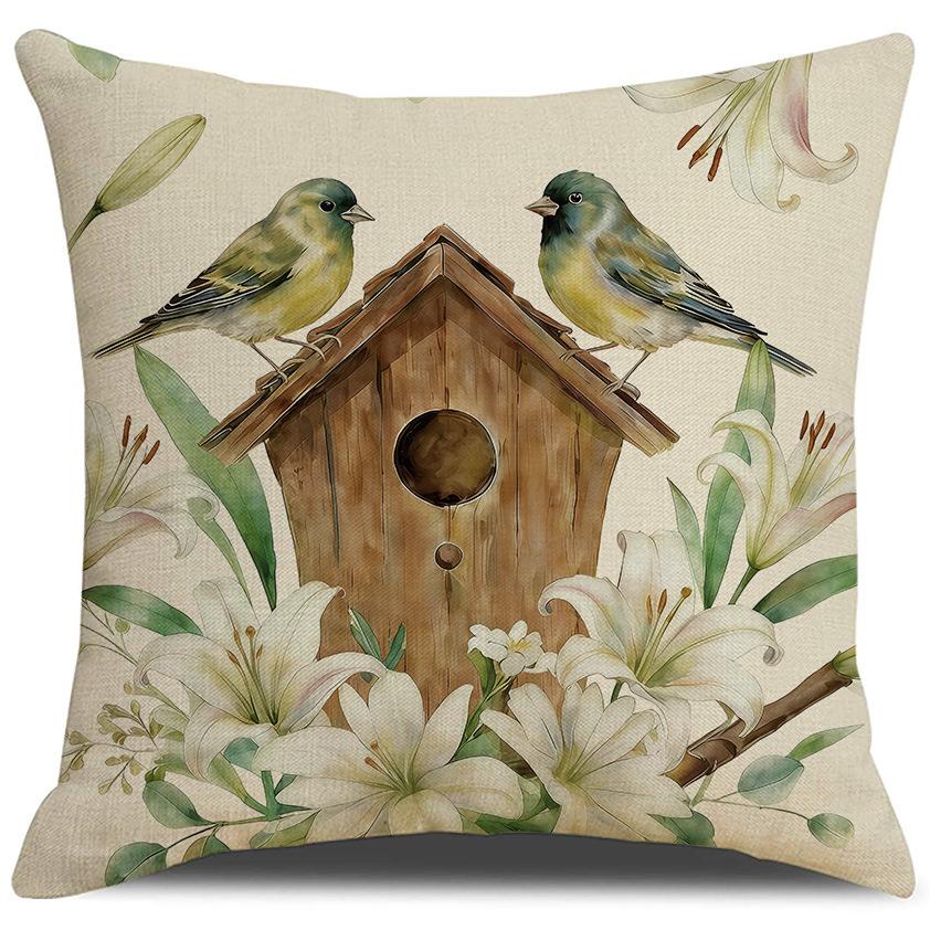 Vikama Spring Summer Pillow Covers Green Leaves Bird Lily Print Decorative Cushion Covers For Home Porch Sofa Decoration
