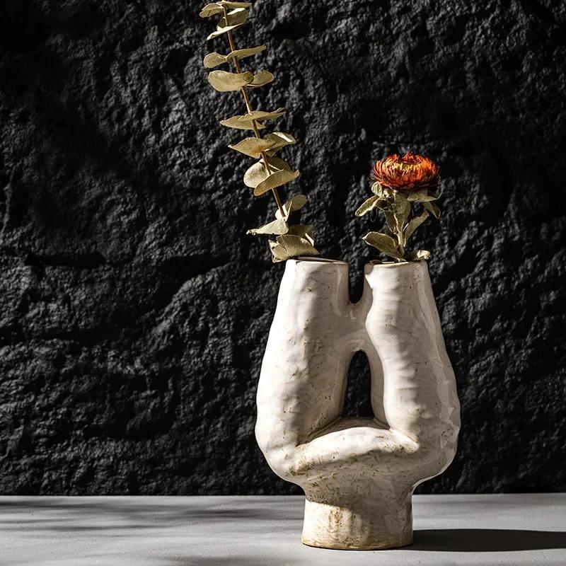 Double-mouth H-shaped vase ceramic porcelain Nordic Bohemian style decorative flowerpot dried flower Puweicao office