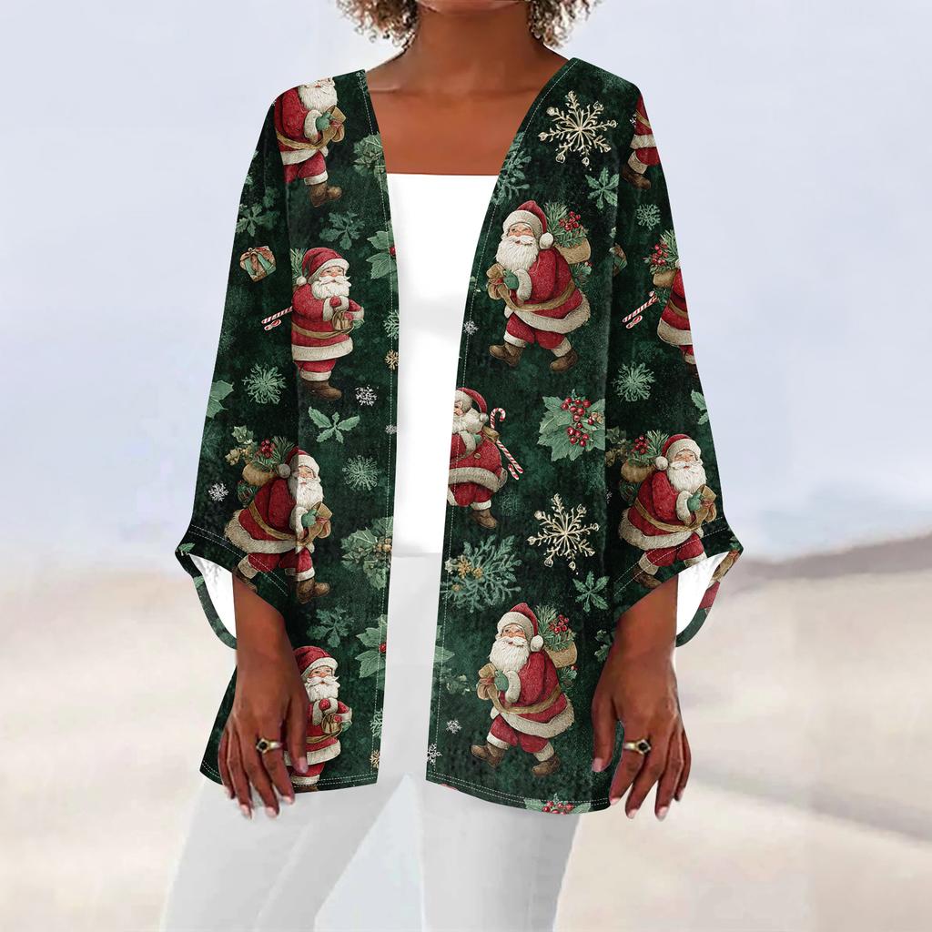 Women's Casual And Fashionable Christmas Printed Lightweight Mid Length Jacket Cardigan