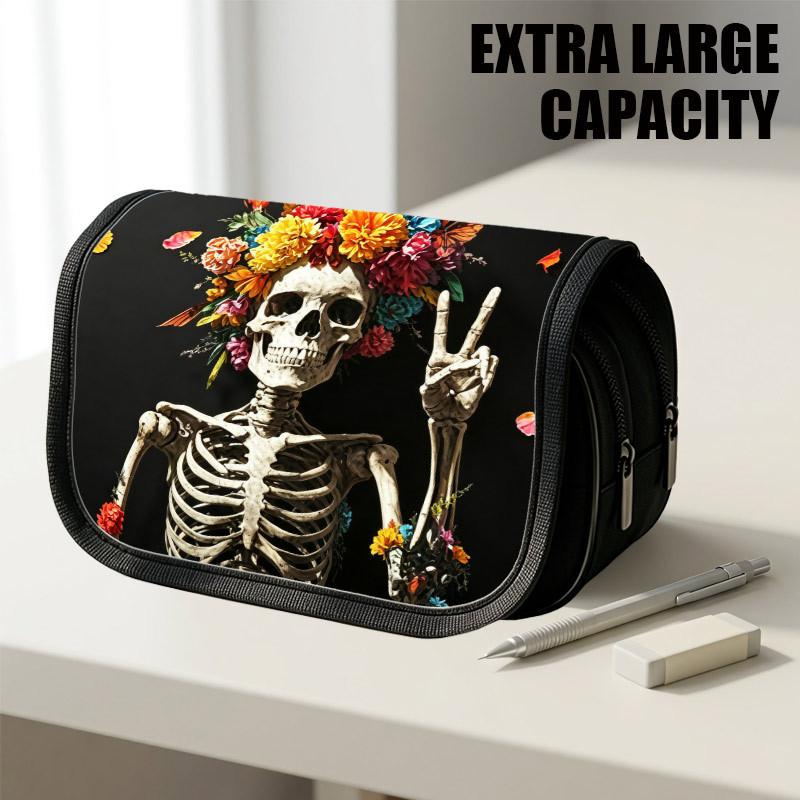 1pc Portable Flip-Top Halloween Themed Pencil Case with Double-Layer Zipper, Floral Skeleton Peaceful Design, Large Capacity Thickened Oxford Multifun