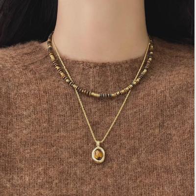 Kadınlar için Yüksek Kaliteli Retro Kaplan Gözü Taşı Kolye – Hafif Lüks Maillard Kazak Zinciri, Çok Yönlü Sonbahar/Kış Köprücük Kemiği Aksesuarı.
