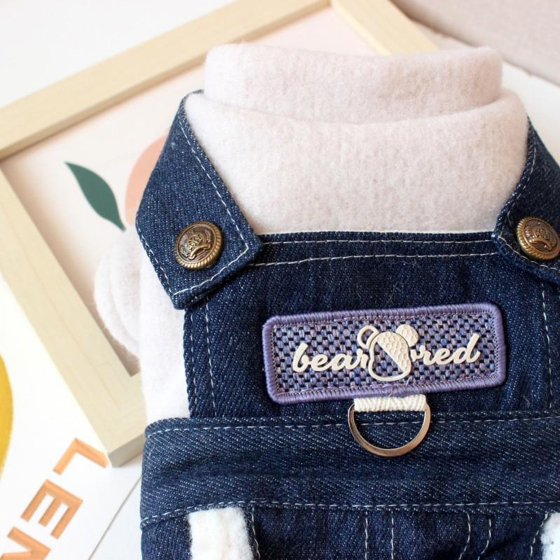Dog Denim Jumpsuit Set Thick Fleece-Lined Warm Outfit Small Breeds Like Bichon Teddy