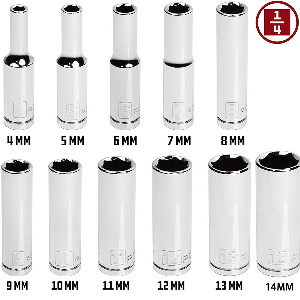 11pcs Metric Long Chrome Socket Set 1/4-Inch Drive 6-Point Deep Socket From 4 Mm To 14 Mm Professional Grade