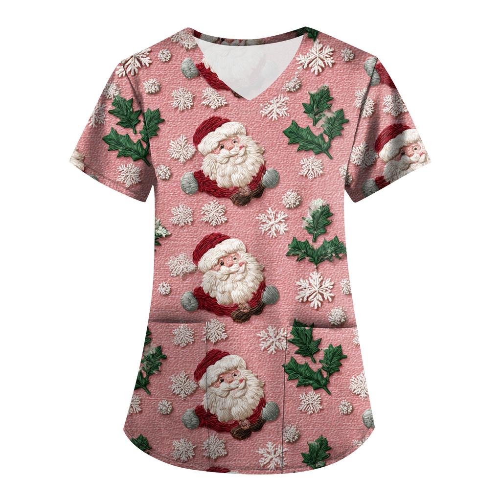 Plus SizePrinted Scrub Working Uniform Tops For Women's Cross V-Neck Print Short Sleeve Fun T-Shirts Workwear Tee With Pockets