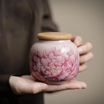 Pink Ru Kiln Peony Tea Canister Household Ceramic Sealed Candy Jar Portable Ceramic Nut Coffee Bean Storage Box Home Jewelry Box