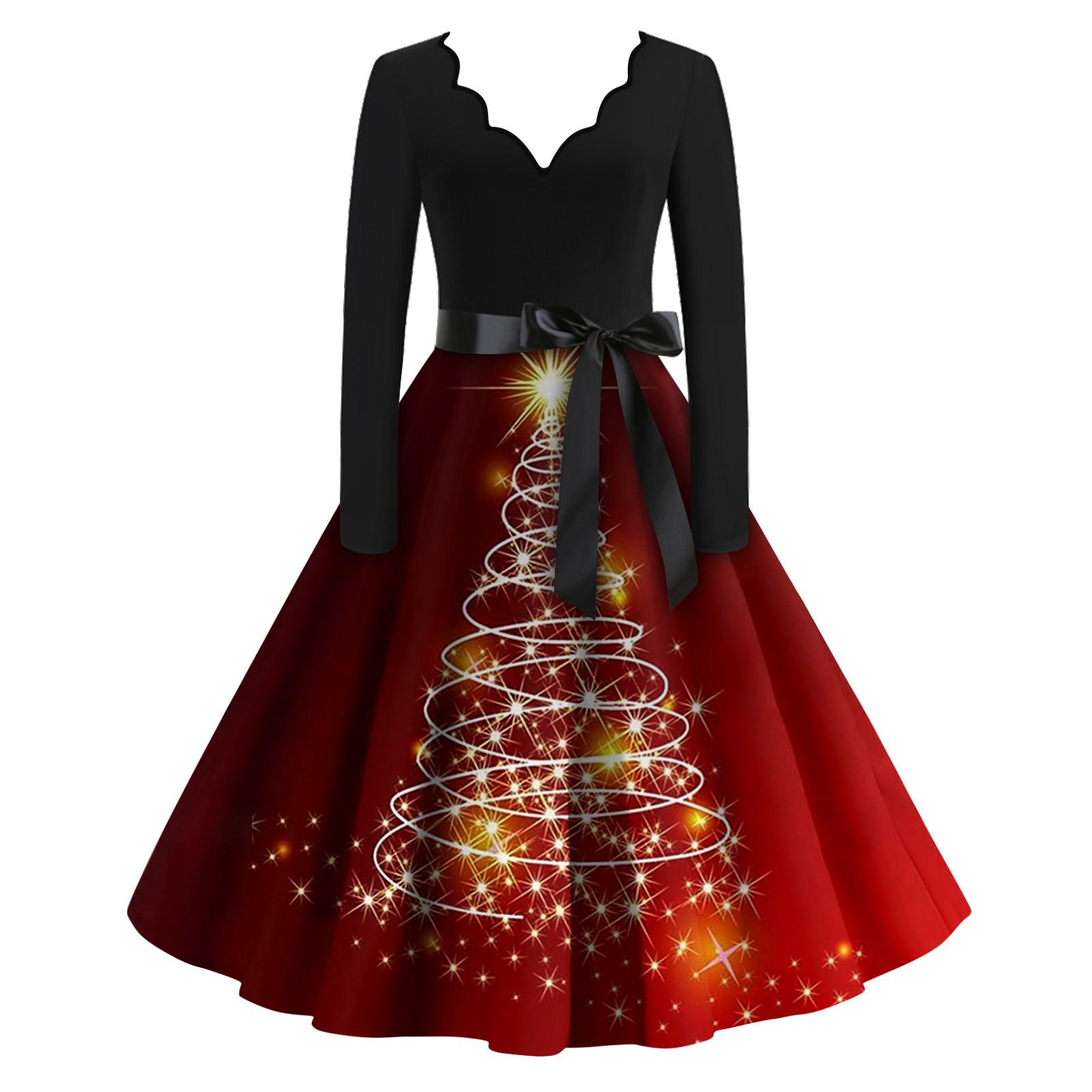 

Женские модные повседневные тонкие рождественские платья с длинным рукавом с v-образным вырезом и принтом S красный