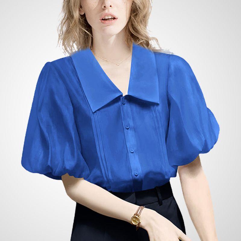 

Age-Reducing French Lantern Sleeve Niche Style Gentle Summer Clothing Shirt Royal Blue- 2XL